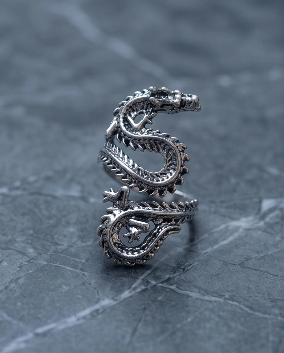 Oxidized Silver Coiled Dragon Wrap Ring