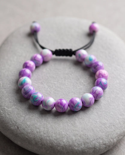Purple & Teal Marbled Swirl Beaded Adjustable Macrame Bracelet
