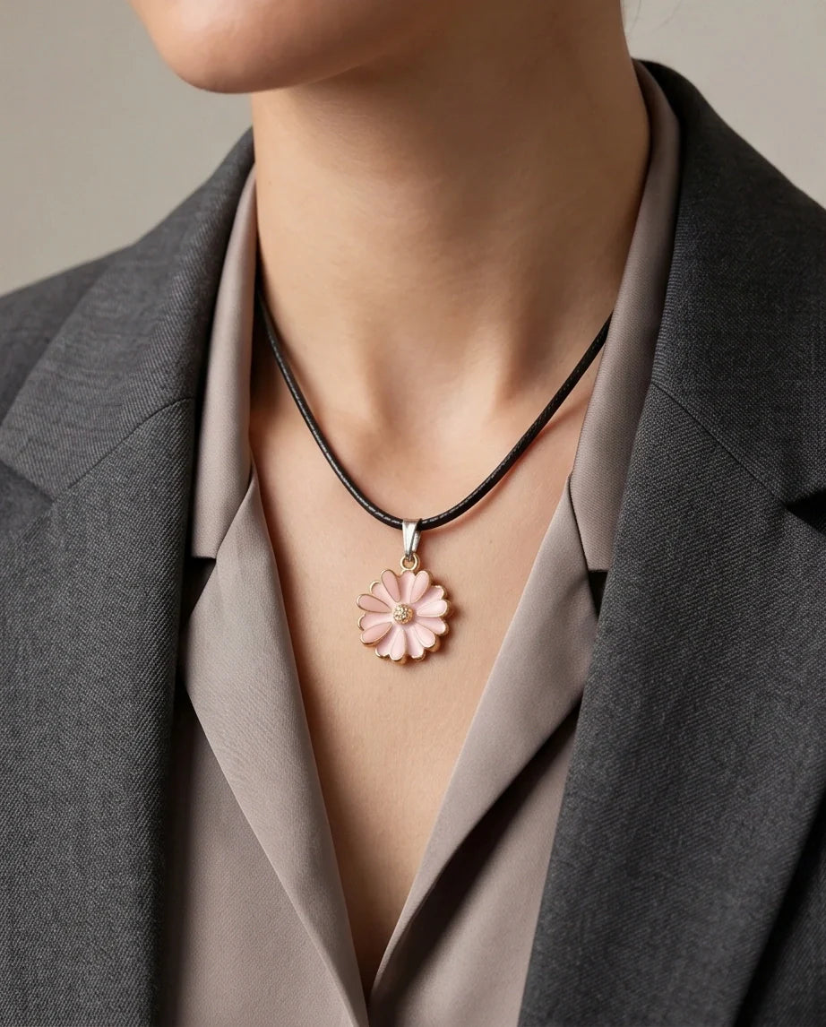 Blush Pink Enamel Sunflower Pendant Necklace