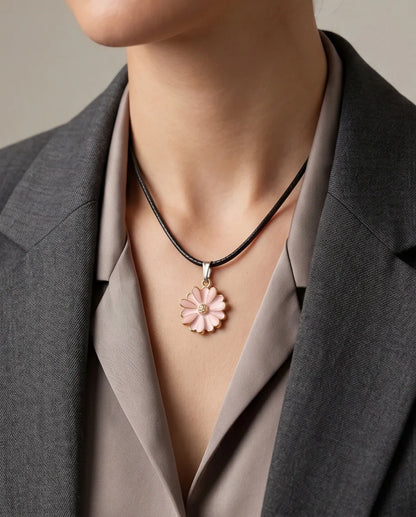 Blush Pink Enamel Sunflower Pendant Necklace