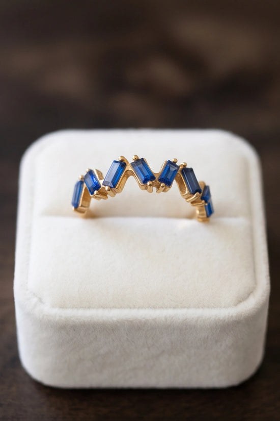 Gold Plated Blue Sapphire Baguette Zigzag Ring