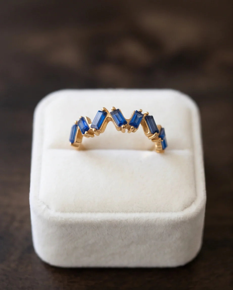 Gold Plated Blue Sapphire Baguette Zigzag Ring
