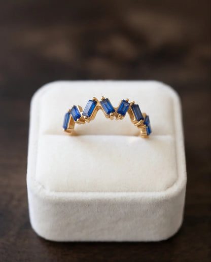 Gold Plated Blue Sapphire Baguette Zigzag Ring
