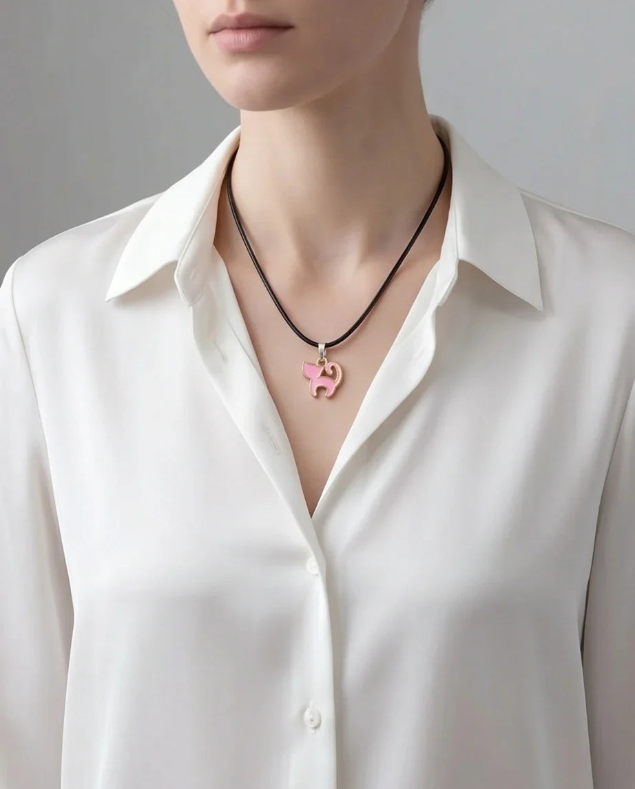 Playful Pink Cat Enamel Pendant Necklace