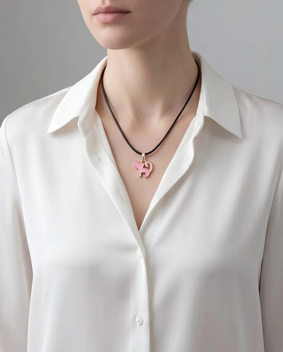 Playful Pink Cat Enamel Pendant Necklace
