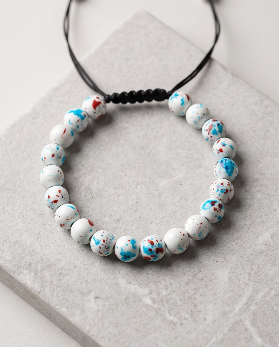 Splatter Paint White Ceramic Beaded Adjustable Macrame Bracelet