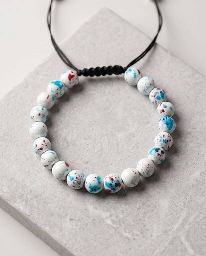 Splatter Paint White Ceramic Beaded Adjustable Macrame Bracelet
