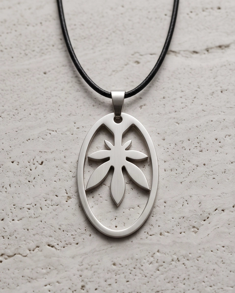 Brushed Silver Leaf Oval Cord Necklace