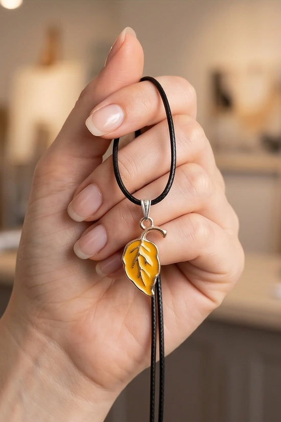 Golden Autumn Leaf Enamel Pendant Necklace