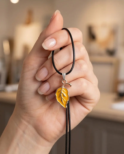 Golden Autumn Leaf Enamel Pendant Necklace