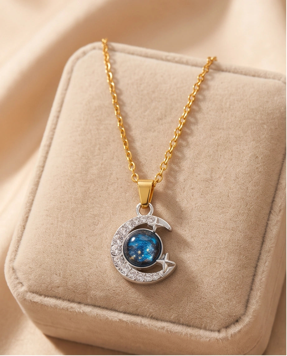 Silver Cosmic Galaxy Crescent Moon Pendant Necklace