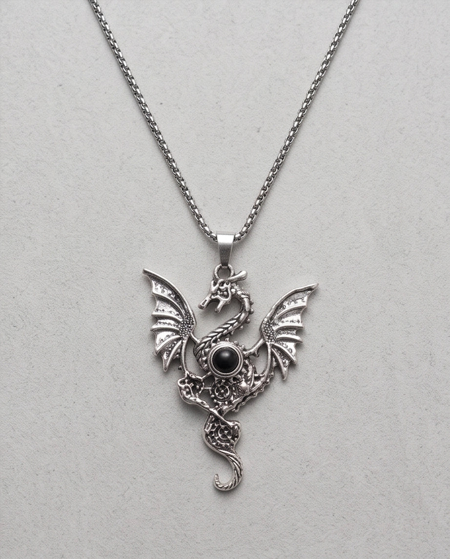 Silver Black Gemstone Dragon Pendant Necklace