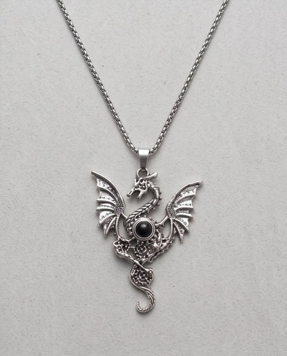 Silver Black Gemstone Dragon Pendant Necklace