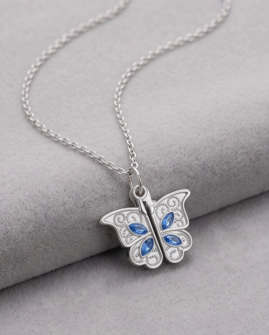 Silver Butterfly Secret Heart Pendant Necklace