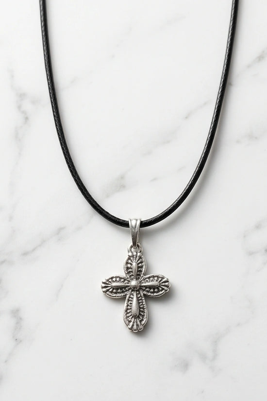 Silver Textured Petal Cross Necklace