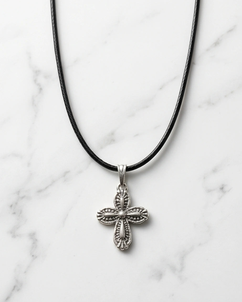 Silver Textured Petal Cross Necklace