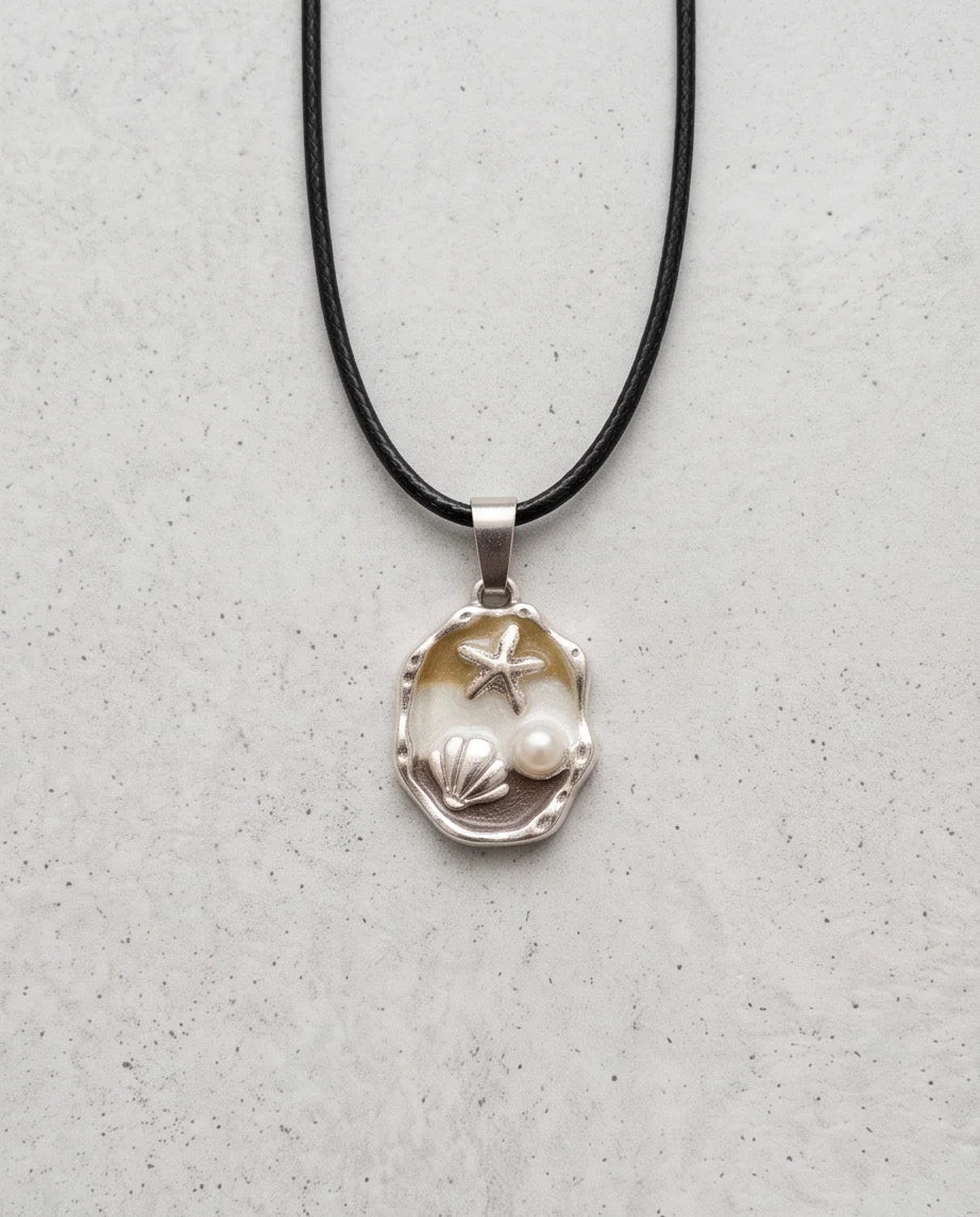 Silver Gold Seashell Starfish Pearl Enamel Medallion Chain Necklace