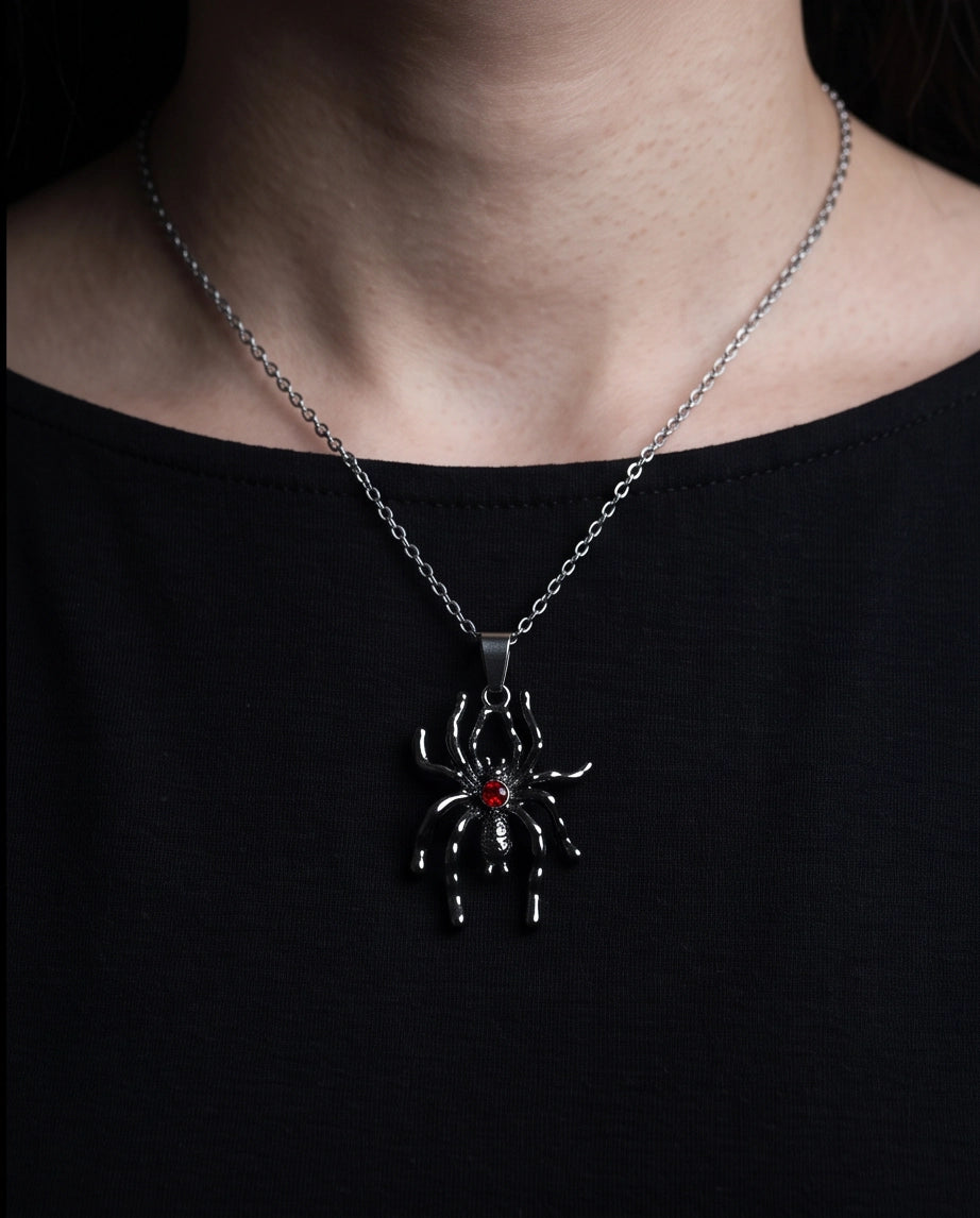 Black Spider Red Round Crystal Gem Pendant Necklace