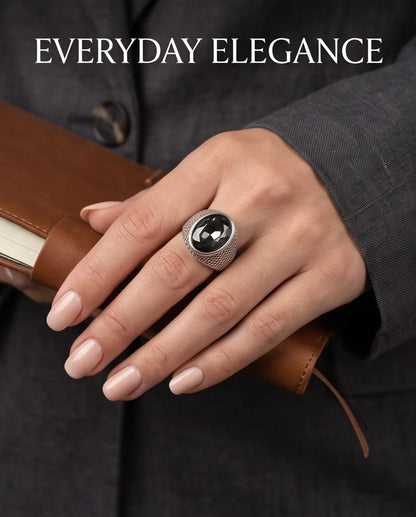 Onyx Gemstone Brickwork Mesh Silver Ring