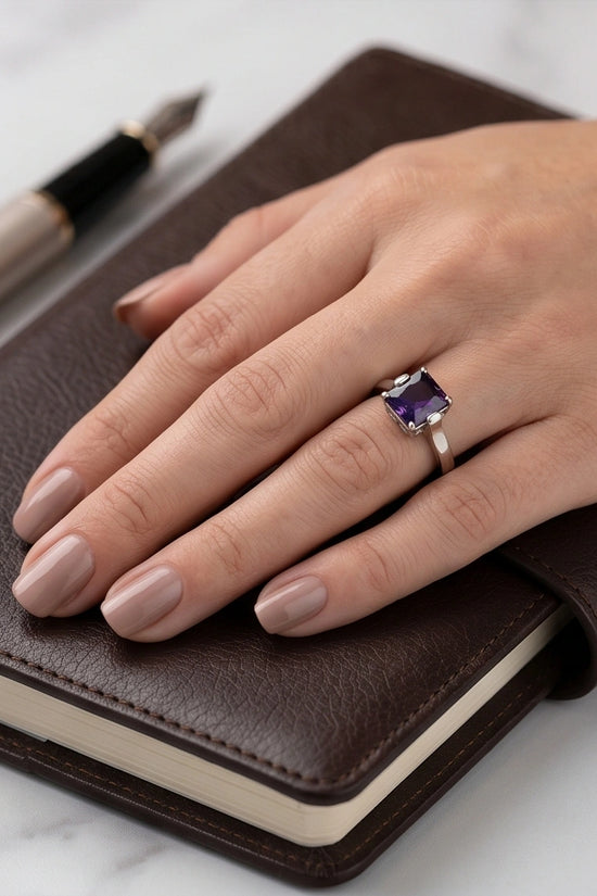 Sterling Silver Deep Amethyst Princess Cut Solitaire Ring