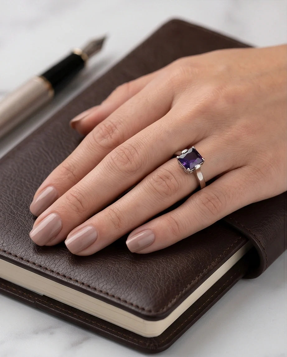 Sterling Silver Deep Amethyst Princess Cut Solitaire Ring