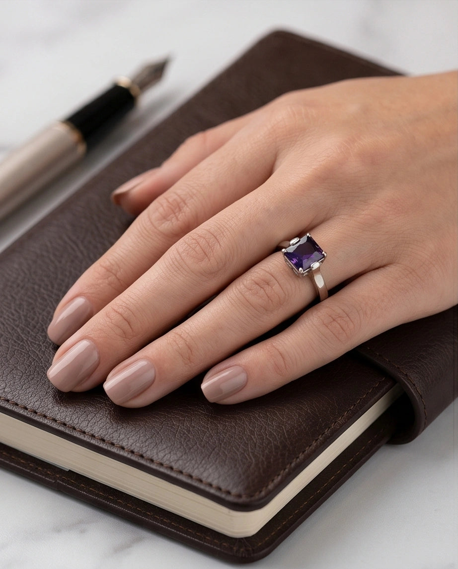 Sterling Silver Deep Amethyst Princess Cut Solitaire Ring
