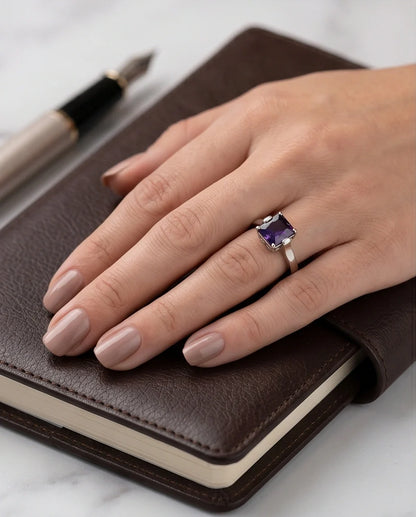 Sterling Silver Deep Amethyst Princess Cut Solitaire Ring