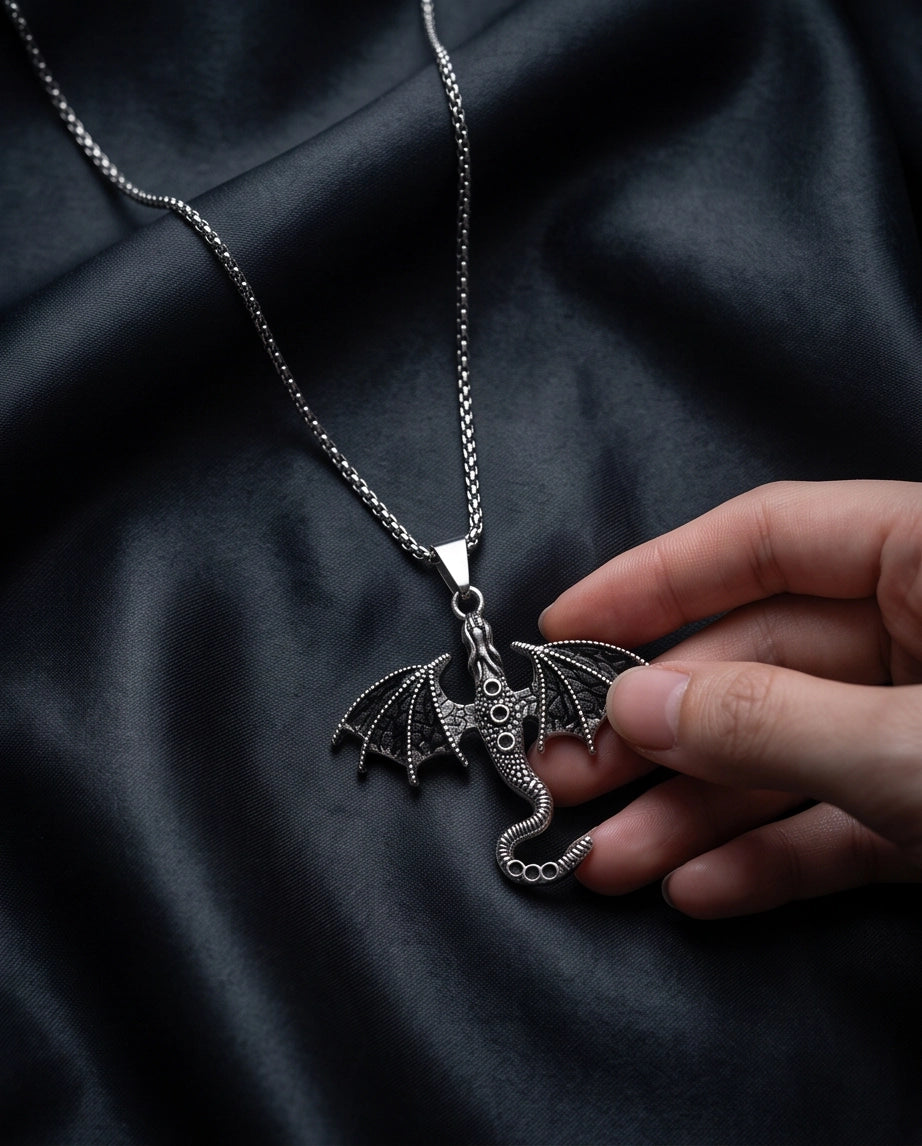 Silver Oxidized Dragon Wyvern Pendant Necklace