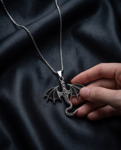 Silver Oxidized Dragon Wyvern Pendant Necklace