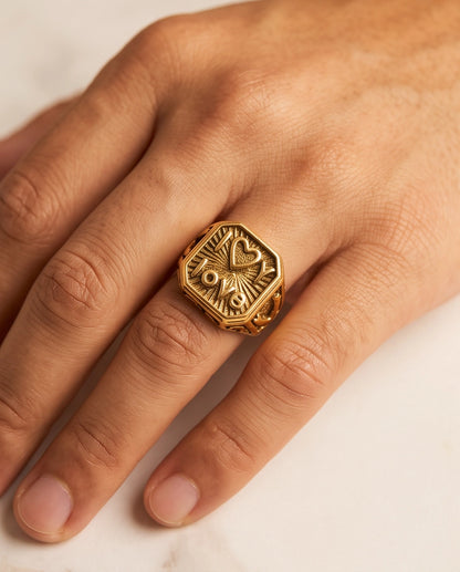 Sunburst "I Love" Gold Signet Ring