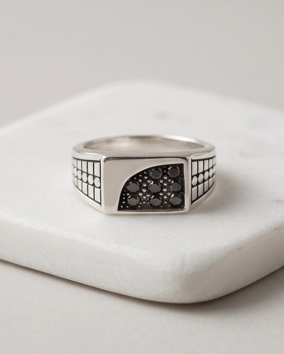 Garnet Micro-Pavé Geometric Segment Band Silver Ring