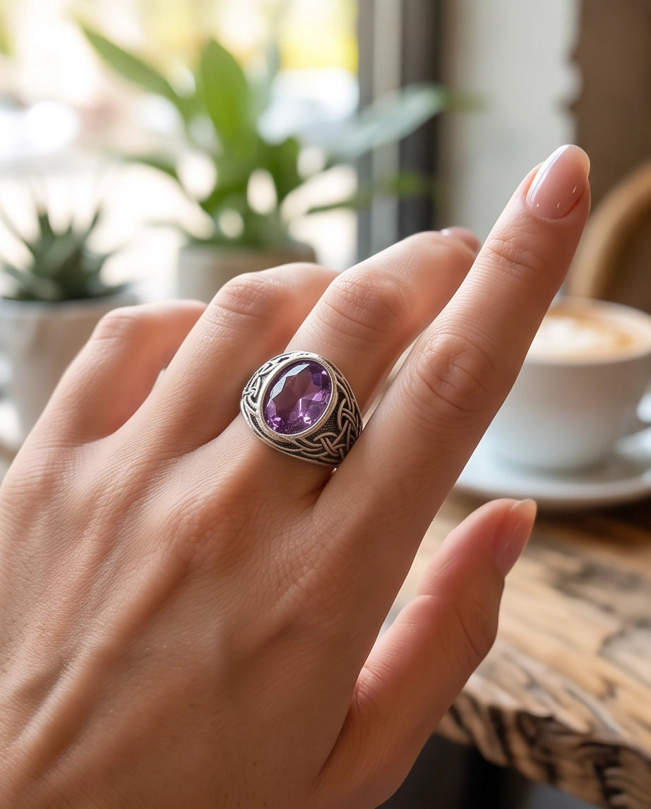 Amethyst Gemstone Celtic Knotwork Silver Ring