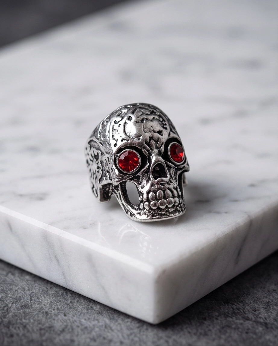 Ruby-Eyed Filigree Skull Ring