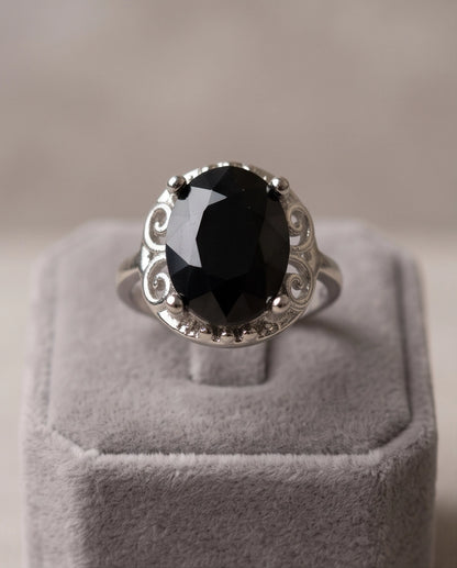 Silver Oval Onyx Filigree Solitaire Ring