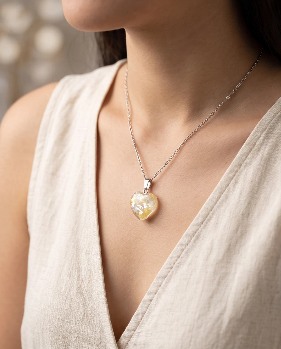Silver Sunshine Yellow Glitter Heart Resin Pendant Necklace