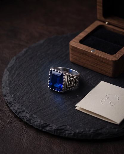 Sapphire Blue Emerald-Cut Gemstone Dot Matrix Architectural Silver Ring