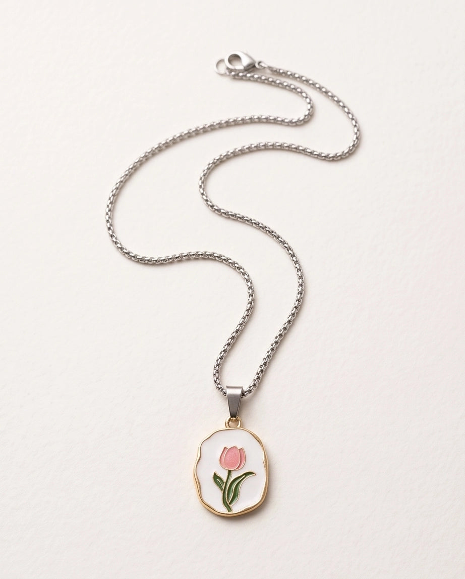 Gold Pink Tulip Enamel Medallion Chain Necklace