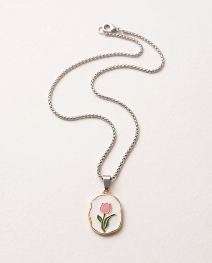 Gold Pink Tulip Enamel Medallion Chain Necklace