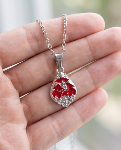 Silver Vintage Cherub Red Enamel Teardrop Pendant Necklace