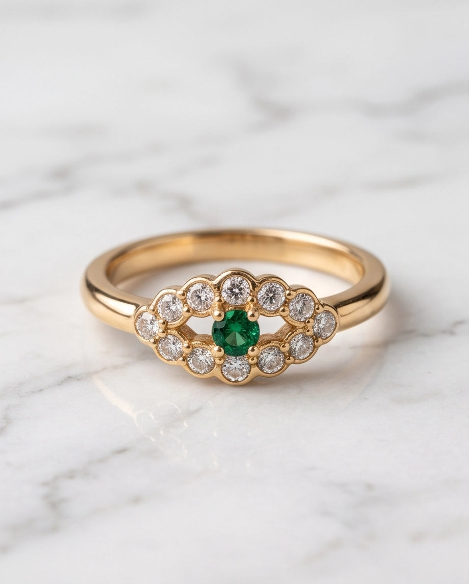 Emerald & Crystal Scalloped Halo Ring