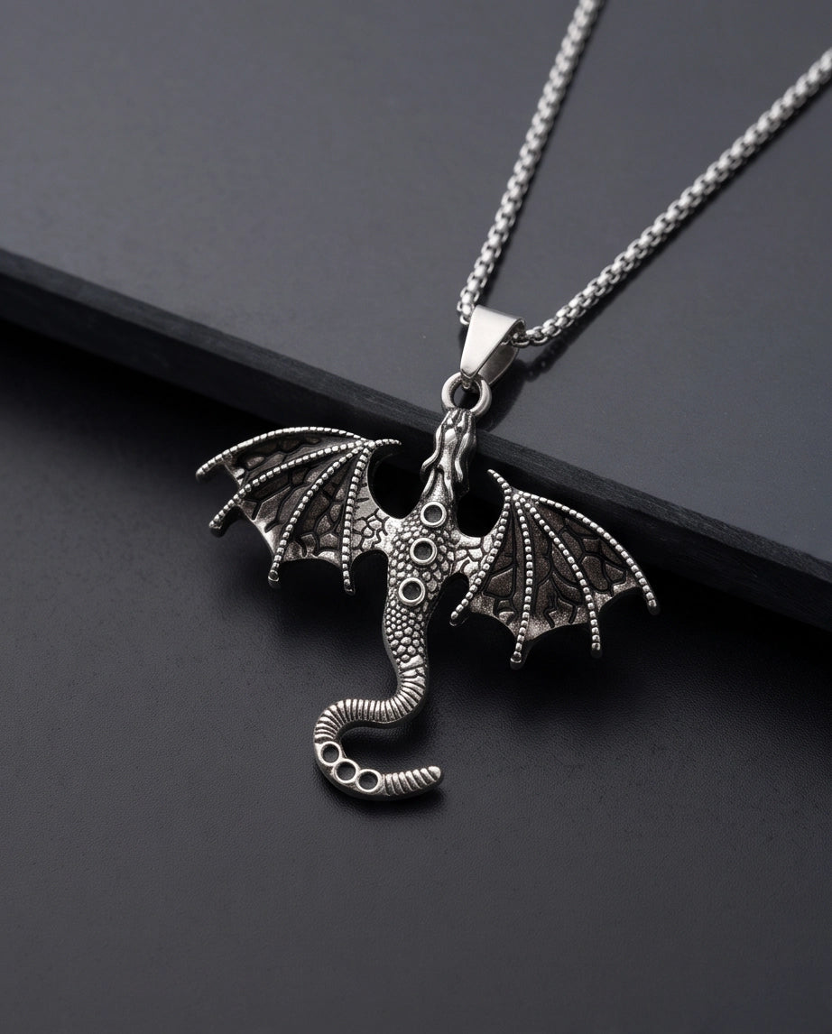 Silver Oxidized Dragon Wyvern Pendant Necklace
