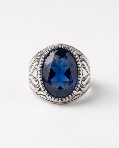 Sapphire Blue Oval-Cut Gemstone Beaded Bezel Textured Silver Ring