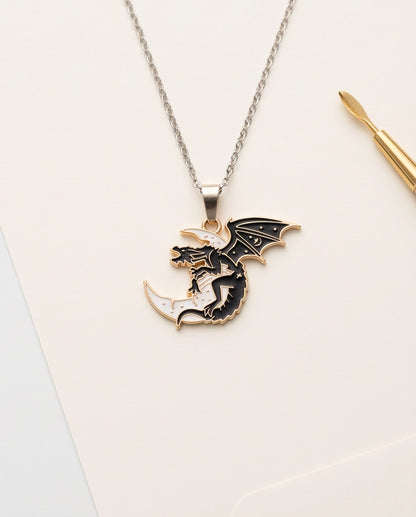 Gold Celestial Dragon White Crescent Moon Enamel Pendant Necklace