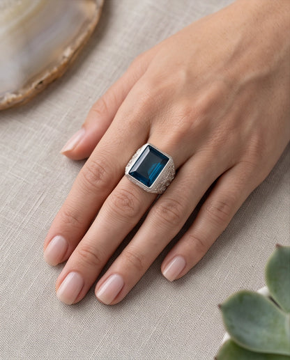Ocean Blue Emerald-Cut Gemstone Stippled Silver Ring