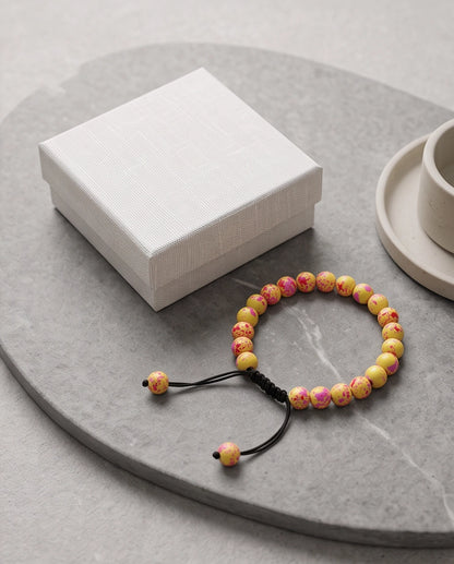 Yellow & Pink Splatter Paint Beaded Adjustable Macrame Bracelet