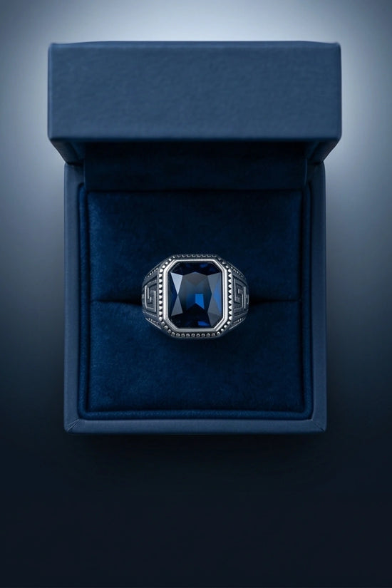 Vintage Greek Key Deep Blue Gemstone Ring