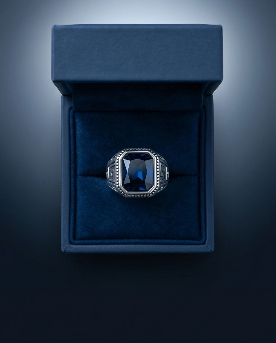 Vintage Greek Key Deep Blue Gemstone Ring
