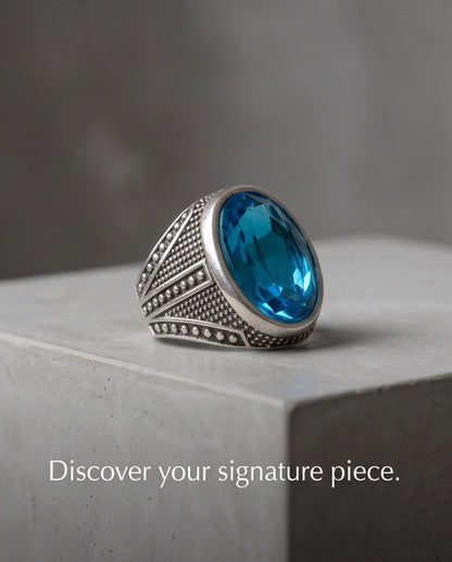 Aquamarine Gemstone Beaded Surround Chevron Stippled Silver Ring