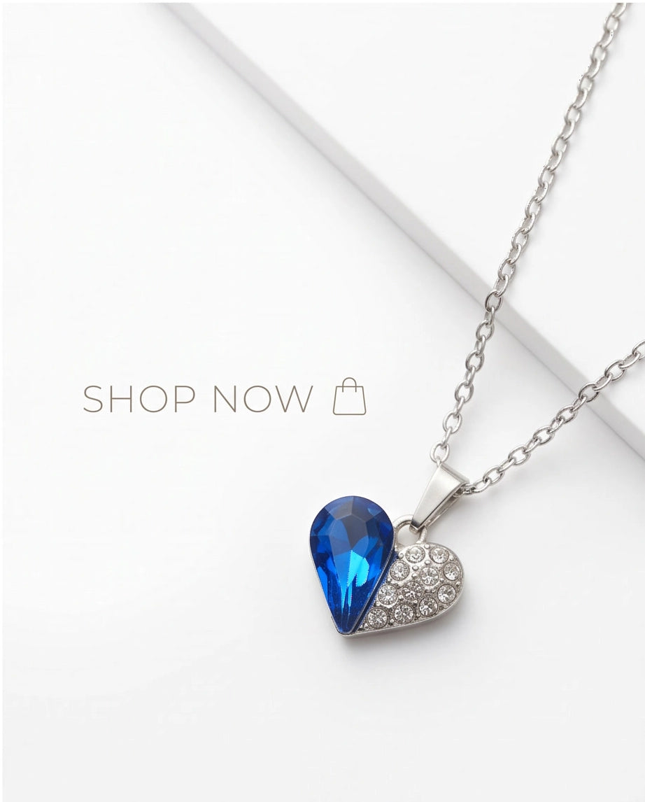 Silver Sapphire Heart Pavé Pendant Necklace