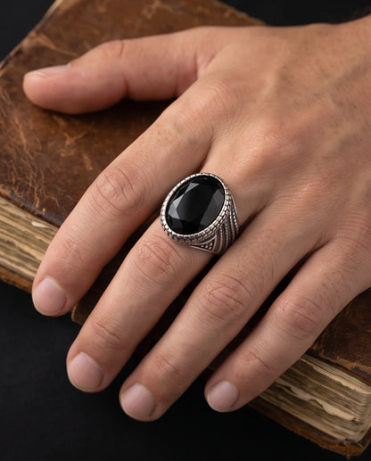 Black Gemstone Double-Tier Bezel Ribbed Silver Ring
